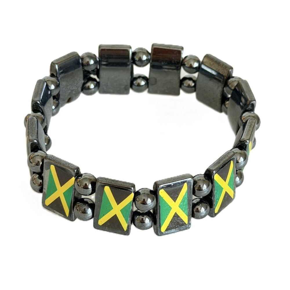 Jamaica Flag Magnetic Hematite Stretch Bracelet Jamaican Pride Reggae Souvenir